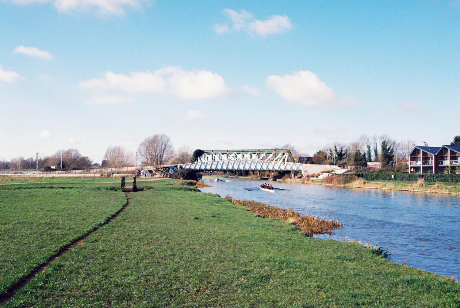 Chisholm Trail bridge seen from Ditton Fields, with rowers on Cam.