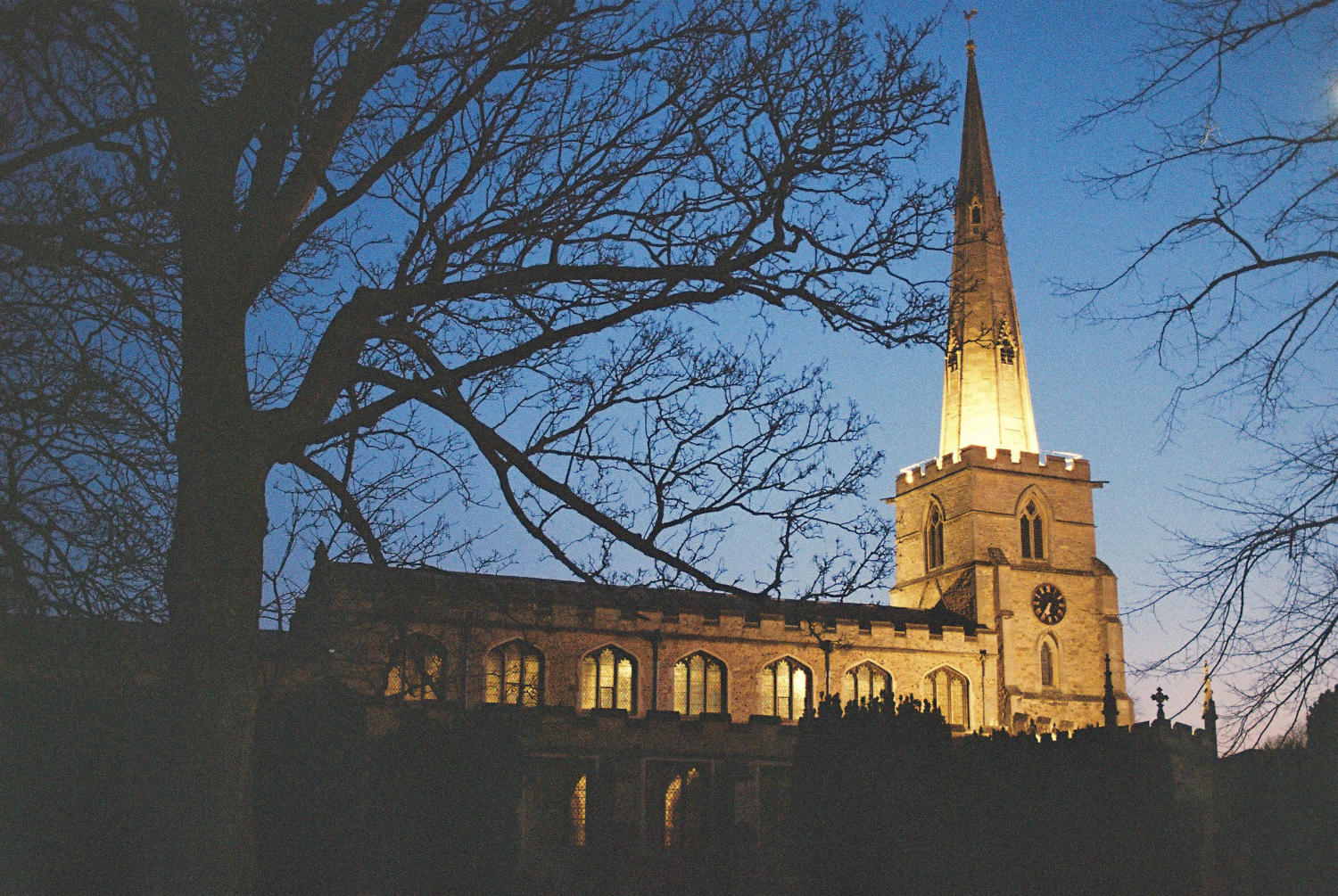 St. Andrews church lit up at early evening.
